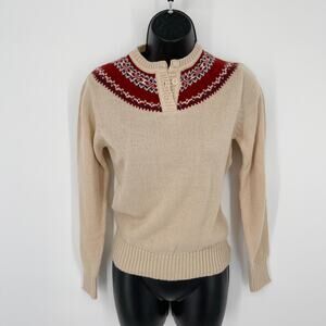 Sears VINTAGE JR Bazaar Sweater Juniors S Fair Isle Beige Burgundy Blue Button